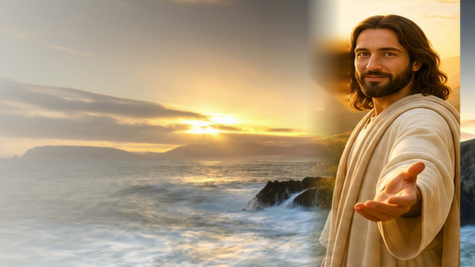 Jesus Christ facing the viewer with an open hand in a peaceful sunrise setting