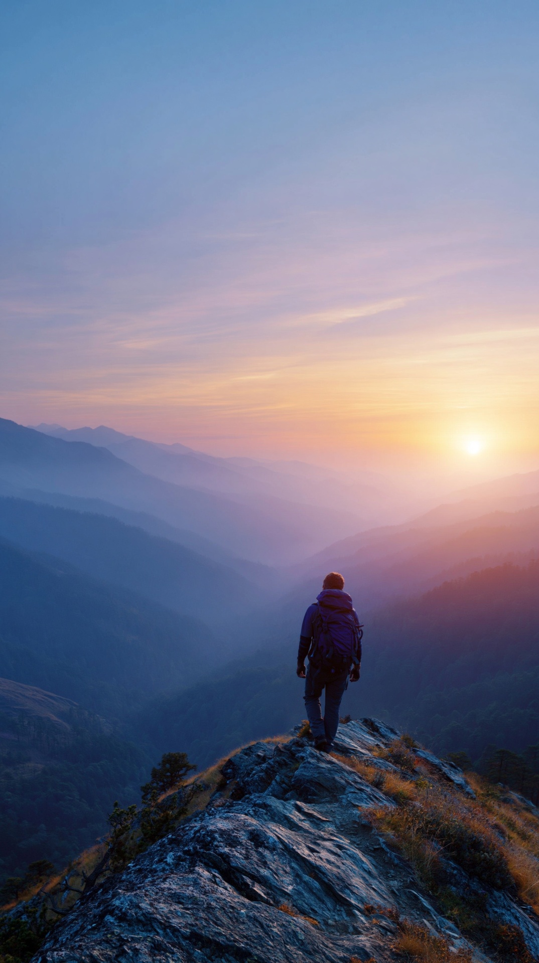 Person walking a mountain trail toward sunrise, suggesting steady daily progress